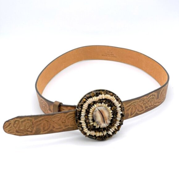 Women\'s Leather Belt Tiger Eye Stones & Mother of Pearl Floral Brown Approx. 40\